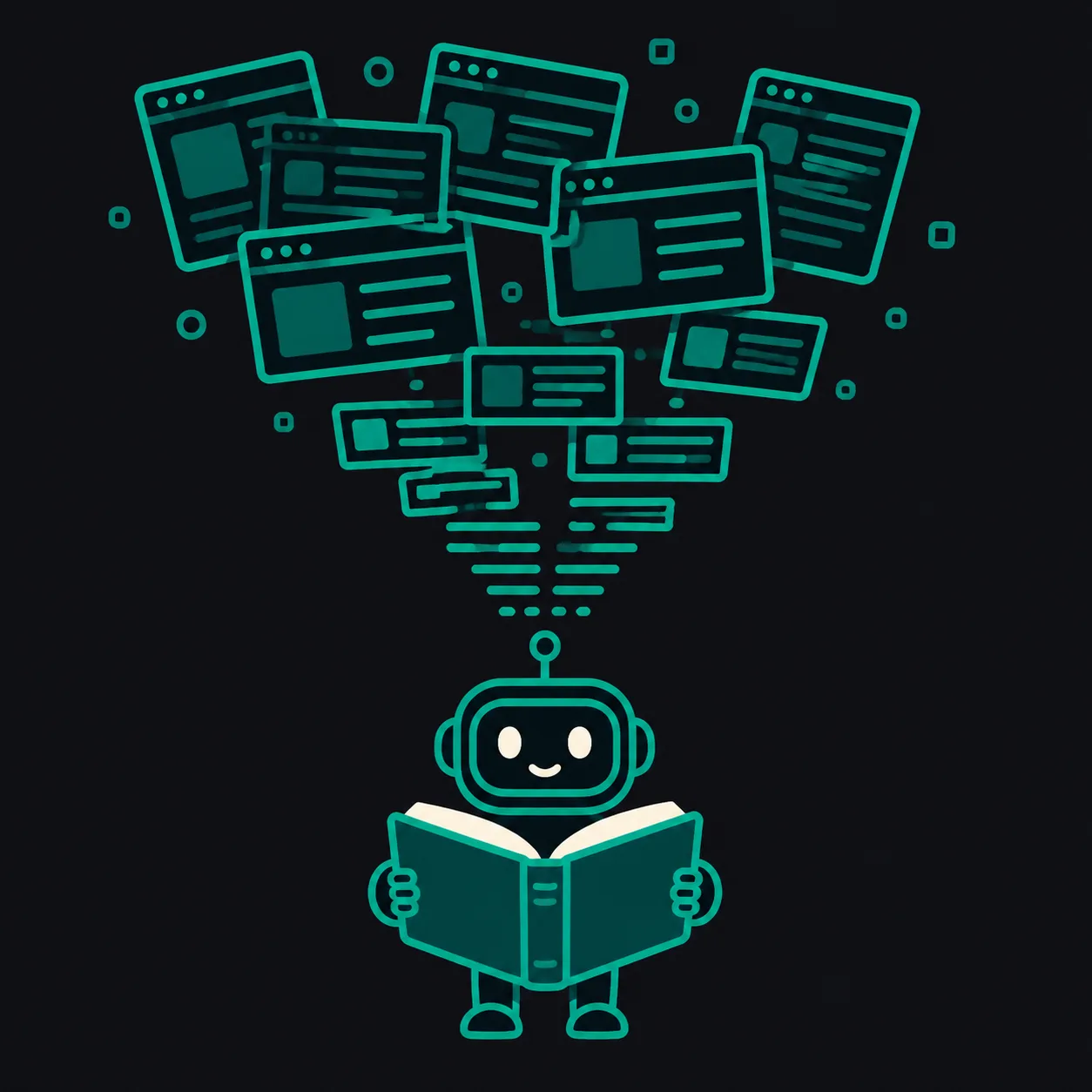 Pages funnelling into a robot reading an open book