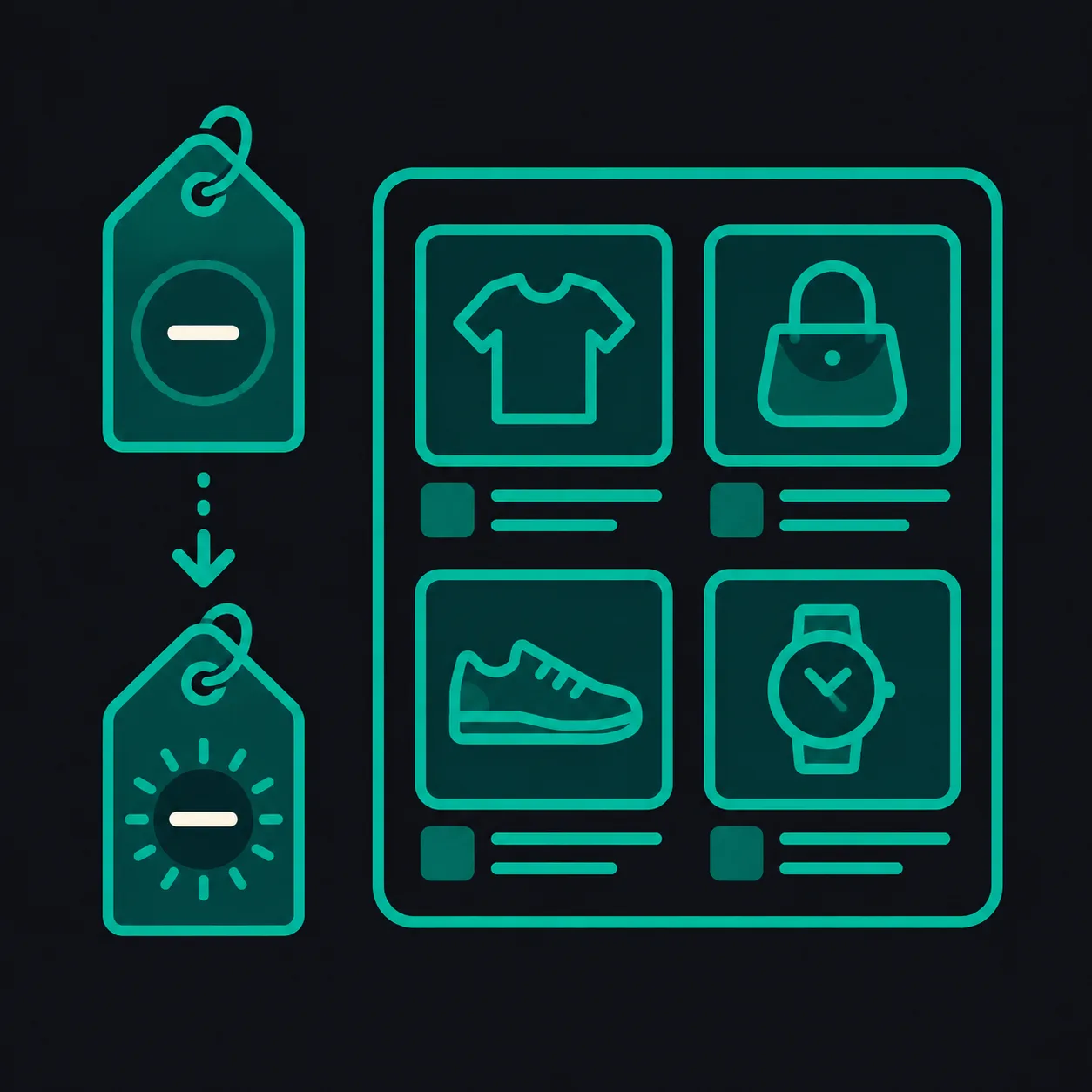 A price tag beside a grid of products