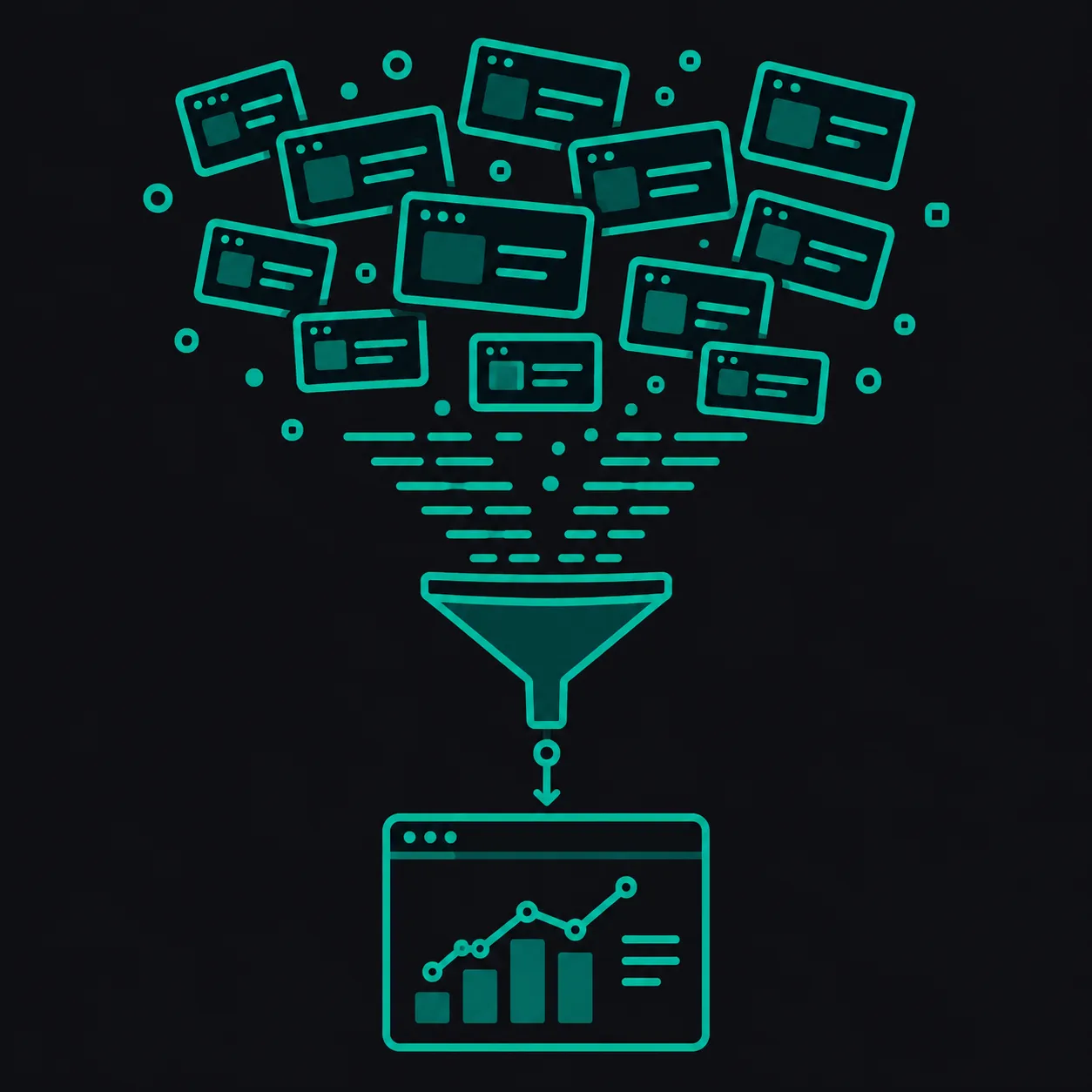 Scattered site thumbnails funnelling into a single chart