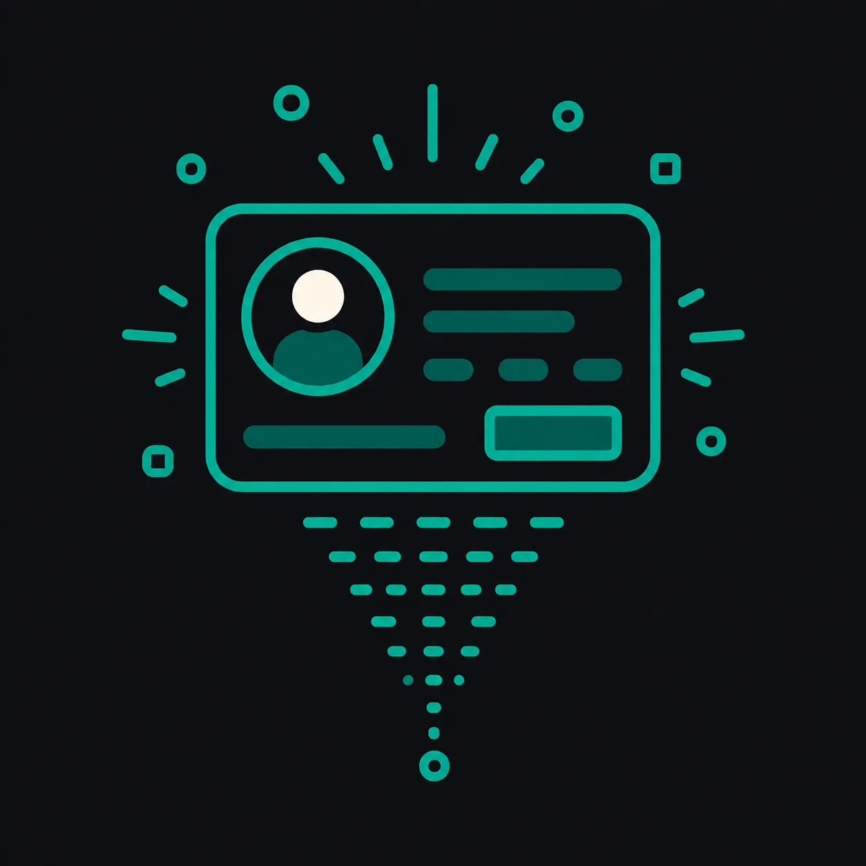 A business card above a funnel of data points