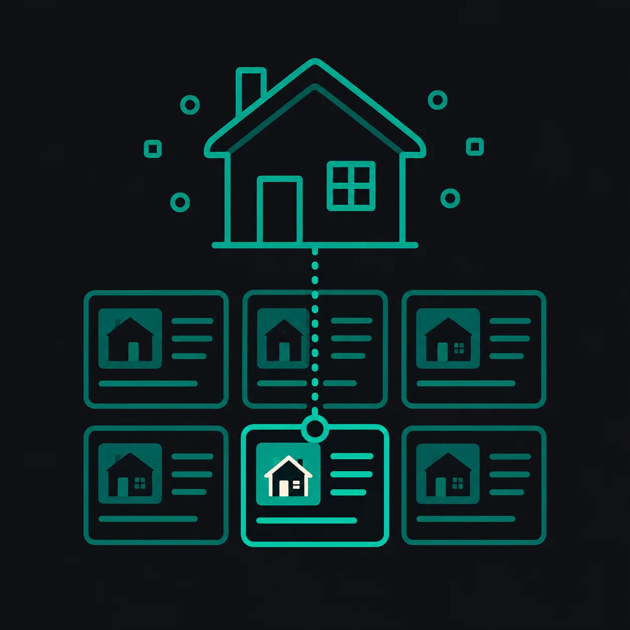 A house outline above a grid of property listing cards